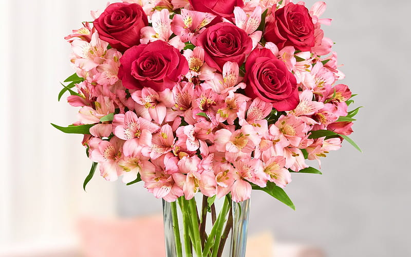 Roses, beautiful bouquet, red roses, alstroemeria, HD wallpaper