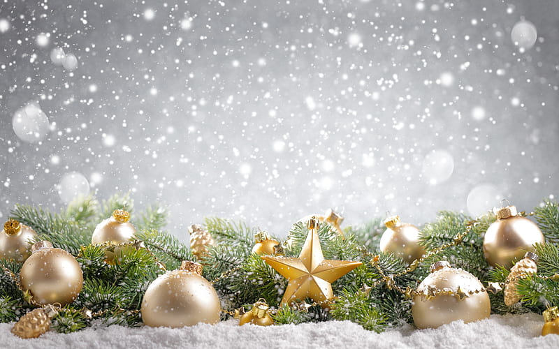 Merry Christmas, 2018, New Year, Christmas golden balls, stars, Xmas, HD wallpaper
