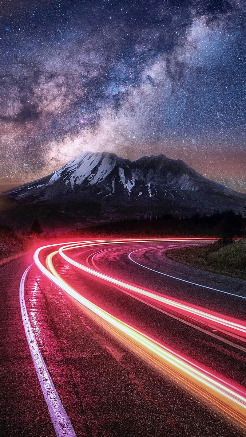 Car Light Streaks, car lights, fast, mountain, nature, night, road, sky, speed, HD phone wallpaper