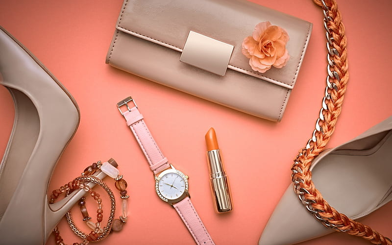 Accesories, orange, purse, woman, lipstick, watch, texture, jewel, shoe, stuff, pink, HD wallpaper