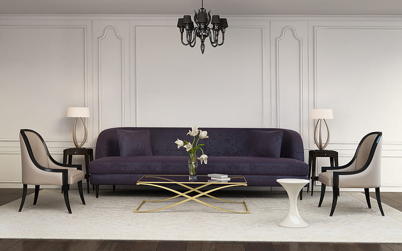 living room, stylish interior, modern interior design, black stylish chandelier, purple sofa, living room project, HD wallpaper