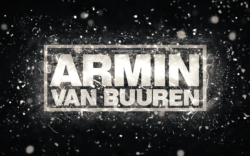 Armin van Buuren white logo dutch DJs, white neon lights, creative, white abstract background, Armin van Buuren logo, music stars, Armin van Buuren, HD wallpaper