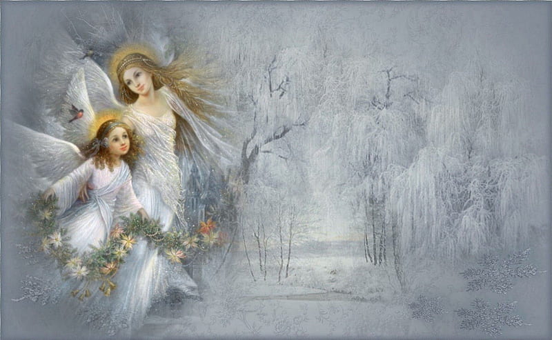 WINTER ANGELS, FEMALE, WINTER, SNOW, TREES, WHITE, ANGELS, HD wallpaper