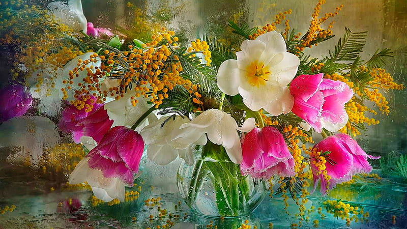 My anxious spring, flowers, spring, tulips, drops, rain, anxious, bouwuet, sadness, vase, bonito, still life, HD wallpaper