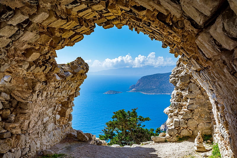 Castle of monolithos, summer, bonito, Rhodos, monolithos, castle, sea, rest, vacation, view, stones, Greece, HD wallpaper
