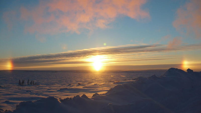 arctic landscape at sunrise, drifts, horizon, snow, plains, sunrise, HD wallpaper