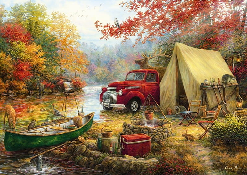 Out Camping, tent, truck, chuck, pinson, fall, art, red, row, time, boat, ford, nature, HD wallpaper