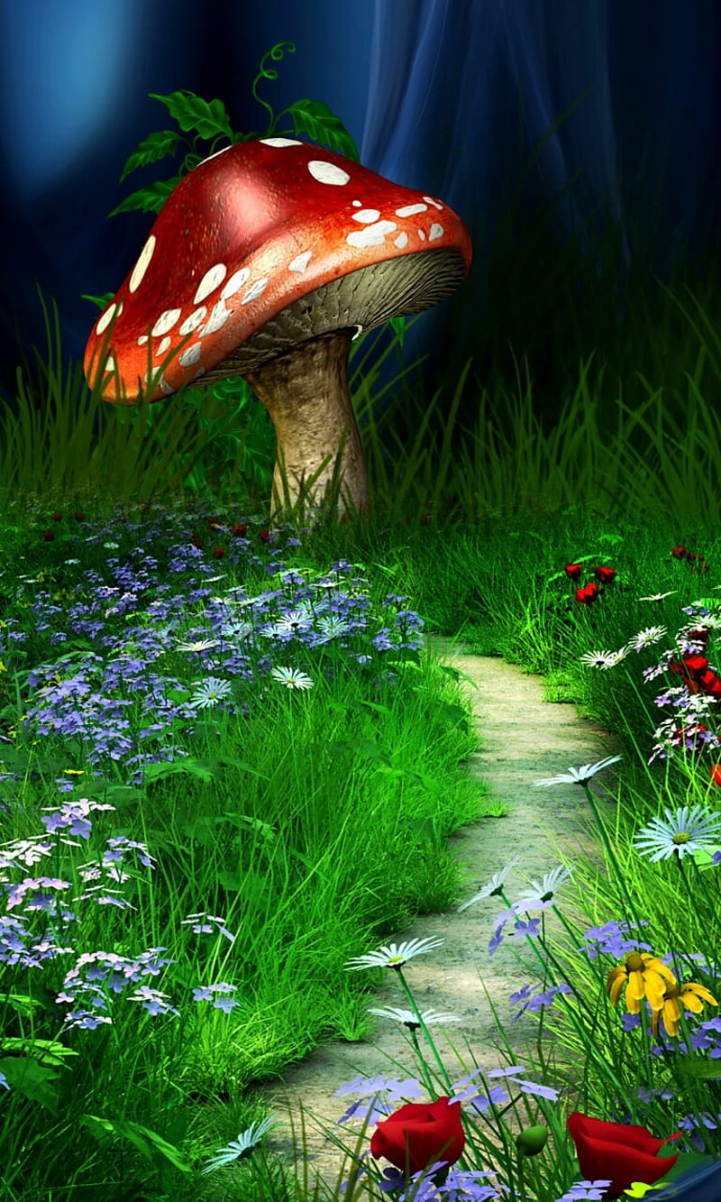 Dreamland, flowers, grass, green, mushrooms, HD phone wallpaper | Peakpx