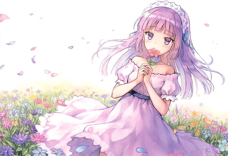 anime girl, headband, dress, flowers, petals, ribbon, Anime, HD wallpaper