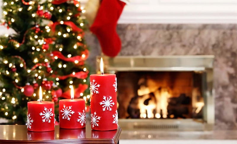 Christmas warmth, holidays, christmas, time, home, new year, sock, eve, lights, candles, winter, fireplace, tree, flames, HD wallpaper