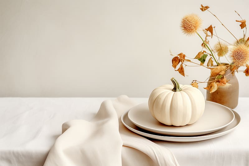 pumpkin, plates, dried flowers, fabric, white, aesthetics, HD wallpaper