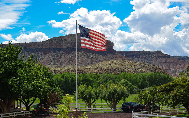 American flag, US flag, ranch, flagpole, USA, canyon, HD wallpaper
