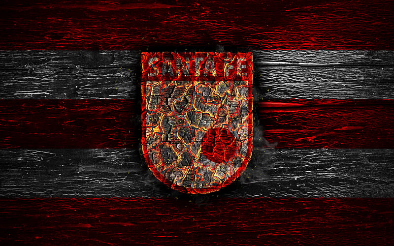 Independiente Santa Fe FC, fire logo, Liga Aguila, red and white lines, Colombian football club, grunge, football, Categoria Primera A, Santa Fe FC, soccer, Santa Fe logo, wooden texture, Colombia, HD wallpaper