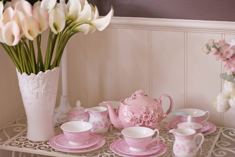 Pink Tea Time, still life, calas, tea set, vase, pink, HD wallpaper