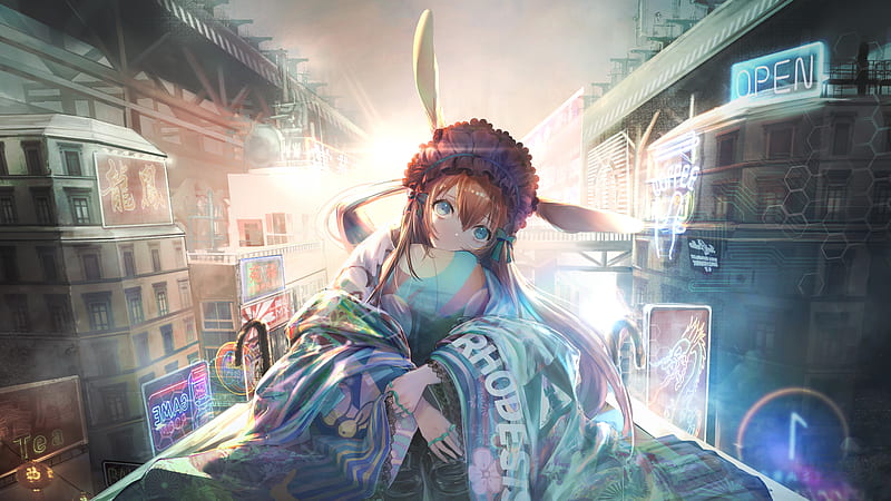 amiya, arknights, cute, bunny ears, kimono, futuristic city, Anime, HD wallpaper