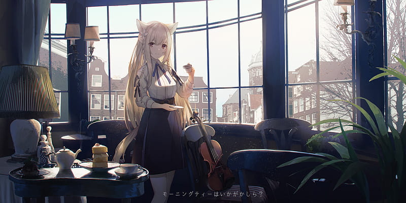 cute anime girl, braids, blonde, violin, instrument, cake, coffee, Anime, HD wallpaper