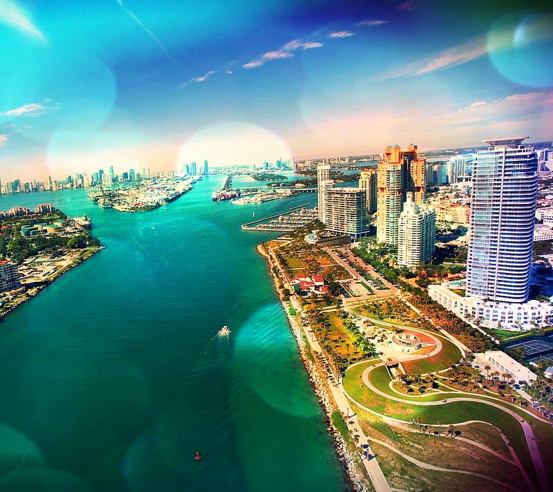 Miami Beach, boat, burn, port, sand, skyline, sun, wave, HD wallpaper