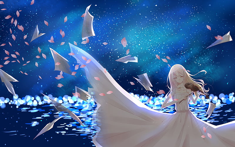 Download 1920x1080 Miyazono Kaori, Shigatsu Wa Kimi No Uso, Smiling,  Feathers, Blonde, Scenic, Stars, Sky Wallpapers for Wid…