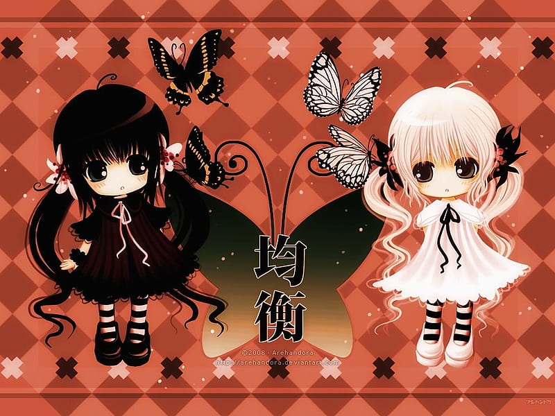 Are We Really That Different?, butterfly, anime, dark, lolita, anime girl, chibi, light, HD wallpaper