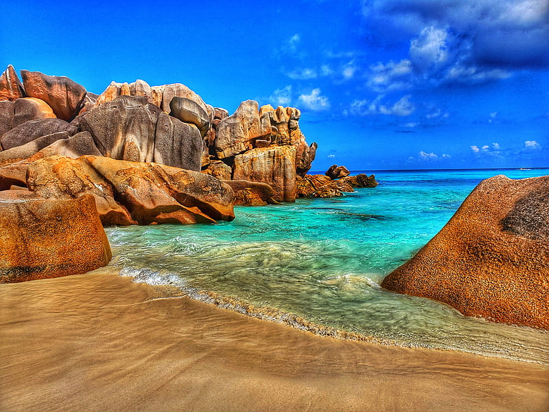 Seychelles, beaches, bonito, blue skies, mahe, ocean, paradise, rocks, sand, water, HD wallpaper