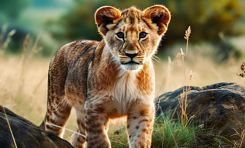Lion cub in spring, oroszlan, macskafele, pihenes, termeszet, nezes, kolyok, tavasz, HD wallpaper