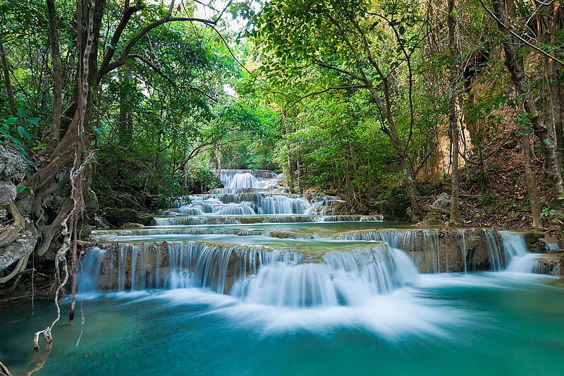 Erawan Falls, Kanchanaburi, Thailand, forest, cascades, river, trees, HD wallpaper