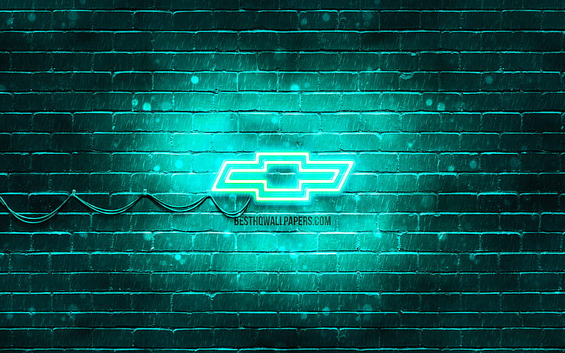 Chevrolet turquoise logo turquoise brickwall, Chevrolet logo, cars brands, Chevrolet neon logo, Chevrolet, HD wallpaper