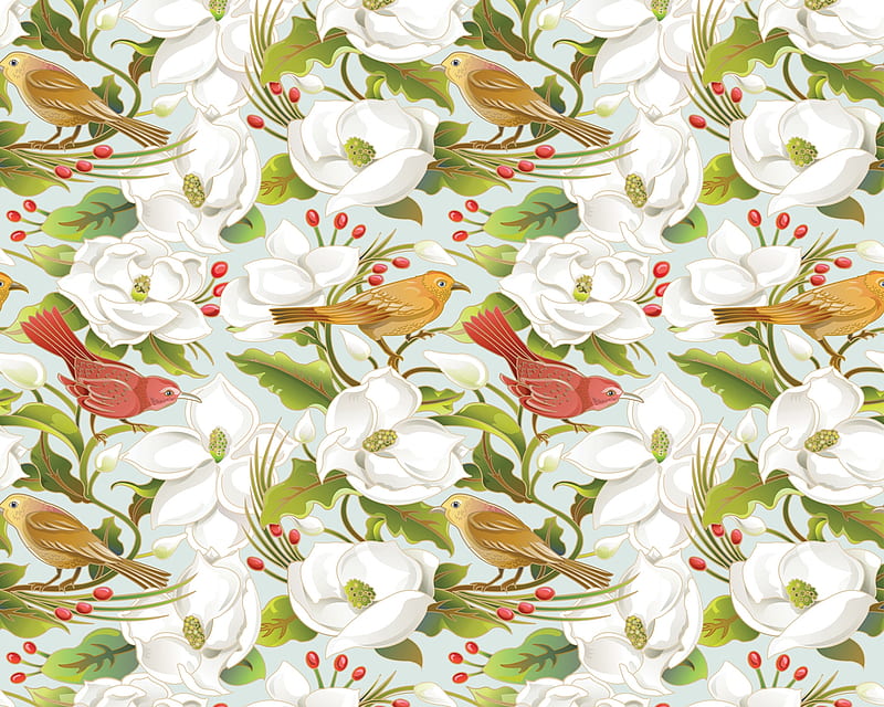 Texture, pattern, red, magnolia, pasare, spring, green, bird, flower, paper, white, HD wallpaper