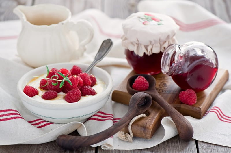 Sweet Morning, raspberries, food, breakfast, yogurt, sweet, dessert, graphy, jam, jelly, raspberry, HD wallpaper