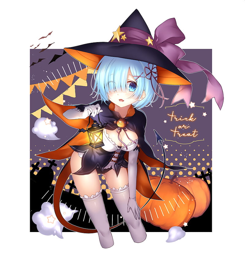 Halloween, witch hat, hat, witch, pumpkin, Re:Zero Kara Hajimeru Isekai Seikatsu, Rem (Re: Zero), tail, thigh-highs, lantern, white background, HD phone wallpaper