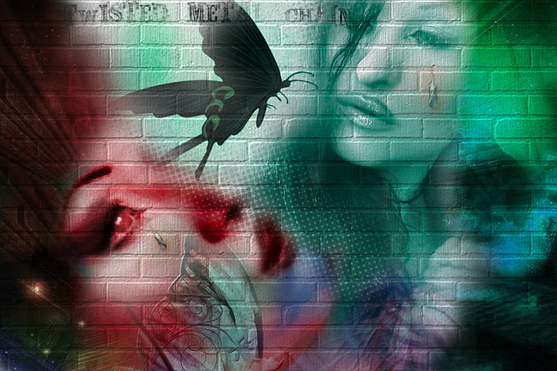 twisted butterfly upon the wall, red, graffitti, woman, old, butterfly, green, tear, future, texture, smoke, star, cry, blue, female, strange, wall, clone, past, brunnette, new, colour, HD wallpaper