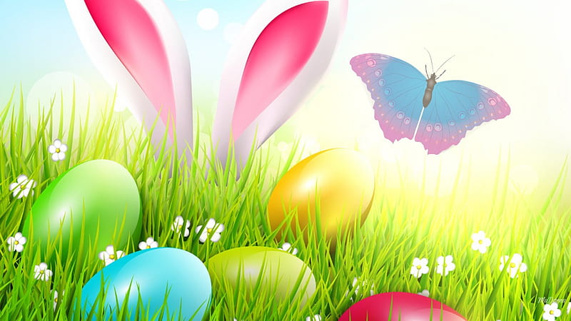 Bunny Ears & Eggs, rabbit, grass, ears, spring, colored eggs, Easter, butterfly, bright, eggs, flowers, bunny, sunshine, morning, light, HD wallpaper