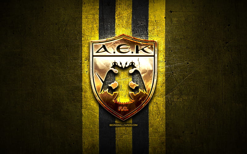 AEK Athens FC, golden logo, Super League Greece, yellow metal background, football, AEK FC, greek football club, AEK logo, soccer, Greece, HD wallpaper