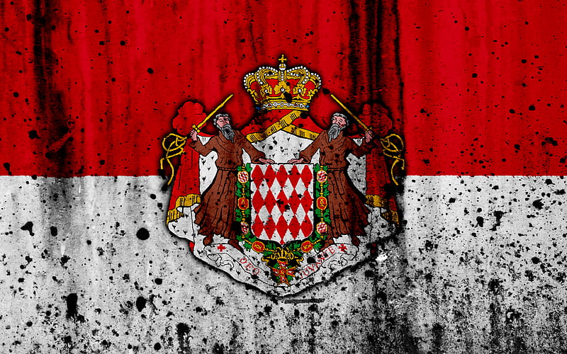 Monaco flag grunge, flag of Monaco, Europe, Monaco, national symbolism, coat of arms of Monaco, Monaco coat of arms, HD wallpaper