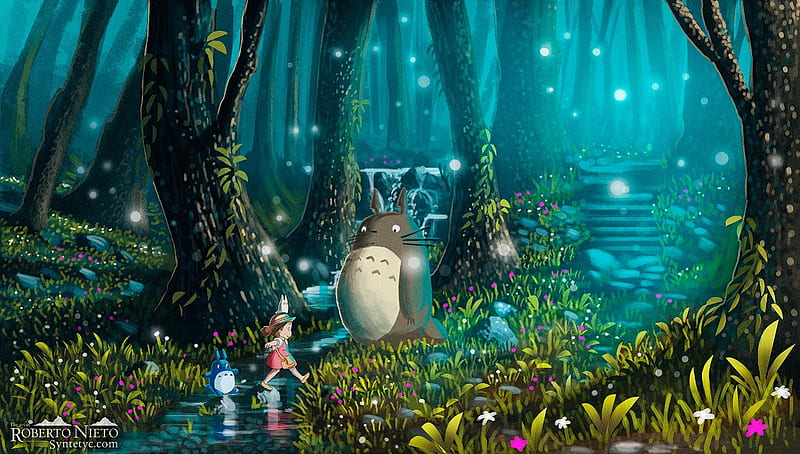 *Totoro and Mei, Excursion*, Airbrushing, TV, grass, trees, Excursion, Fan Art, Movies, plants, Digital Art, flowers, Painting, forests, Totoro and Mei, animals, insects, HD wallpaper