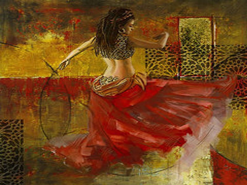 dance art, red, art, oriental, passion, dance, belly, HD wallpaper