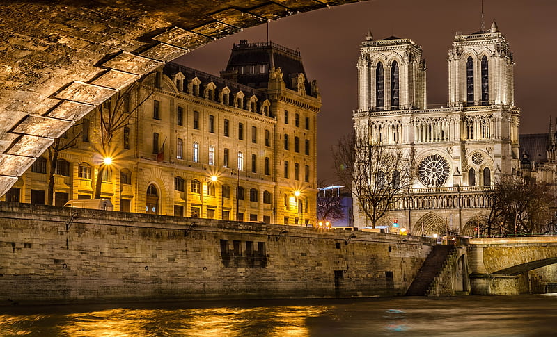 Notre Dame de Paris, france, water, paris, notre dame, peisaj, lights, night, HD wallpaper