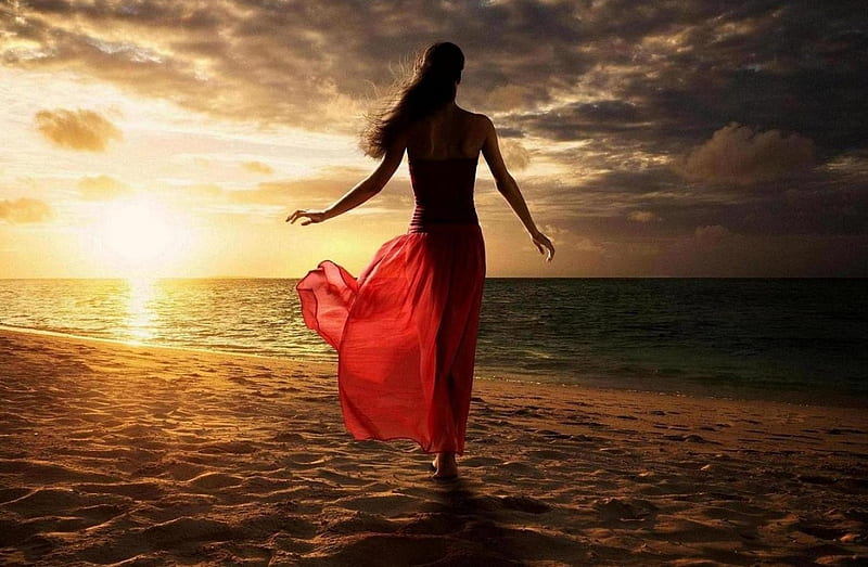 'Lady in red'....., beach, red dress, people, sunset, sky, lady, sea ...