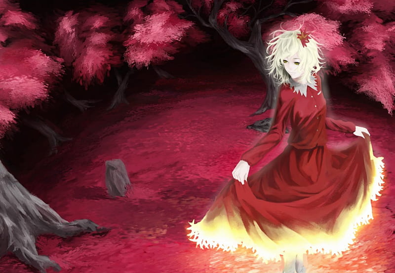 Autumn, red, dress, manga, tree, leaves, aki shizuha, girl, anime, touhou, solo, HD wallpaper