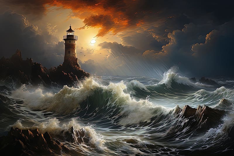 Lighthouse in the storm, villam, vilagitotorony, tengerpart, tenger, vihar, tengeri tajkep, zivatar, hullamok, termeszet, HD wallpaper