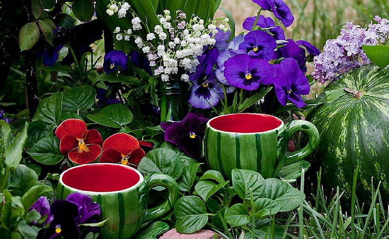 summer garden tea party, still life, summer, pansies, flowers, lily, garden, tea party, HD wallpaper