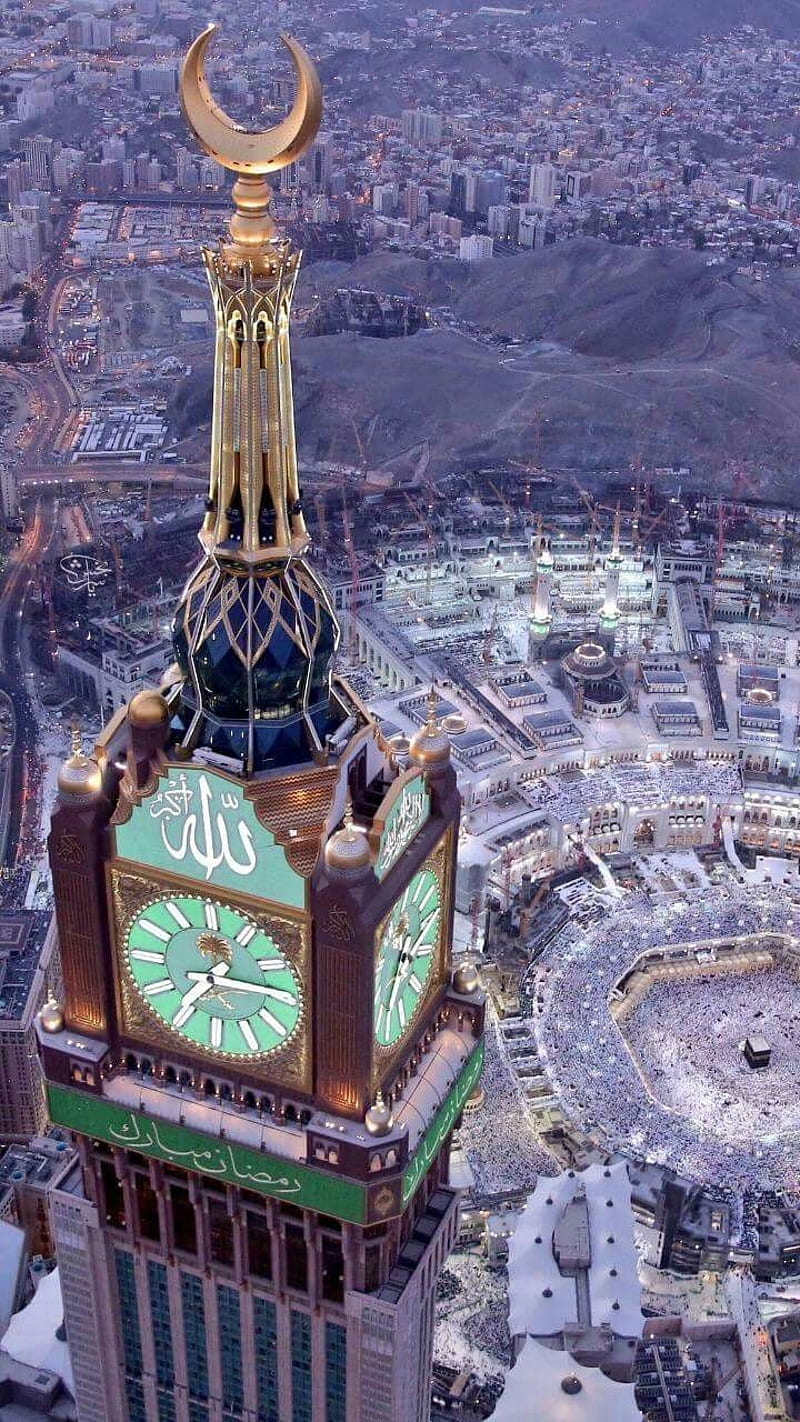 Mecca tower, clock, holycity, islam, pilgrim, saudiarabia, HD phone wallpaper