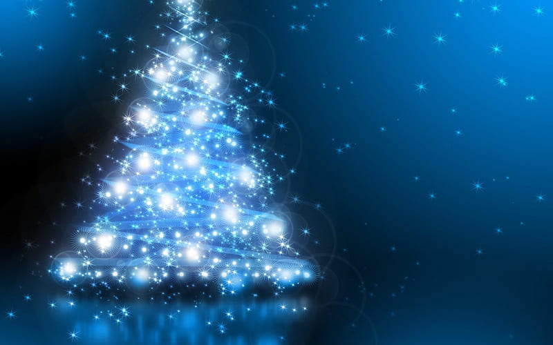 Blue Christmas, tree, christmas, glitter, magic, fir, white, lights, blue, HD wallpaper