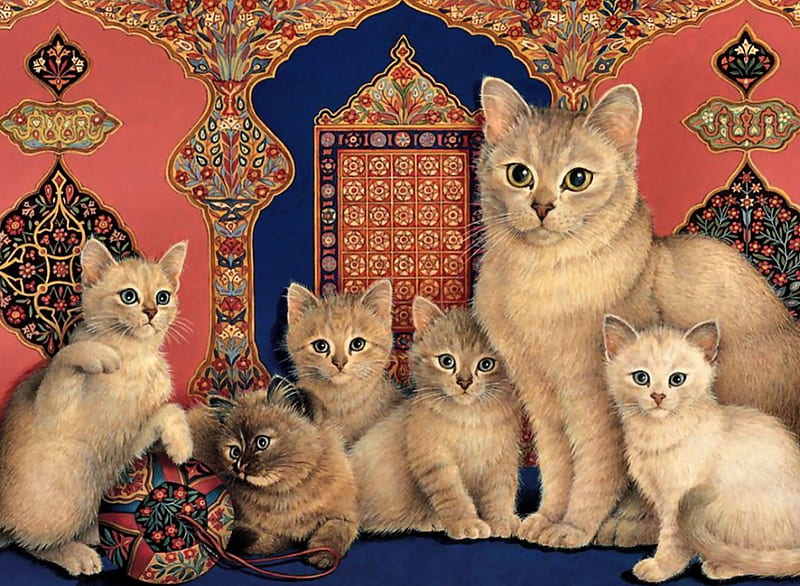 Catkin & Her Kittens F, art, kittens, cat, artwork, animal, pet, feline, painting, wide screen, HD wallpaper