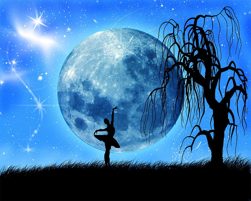 Moon Ballet, skies, stars, tree, moon, clear, ballet, woman, night, HD wallpaper