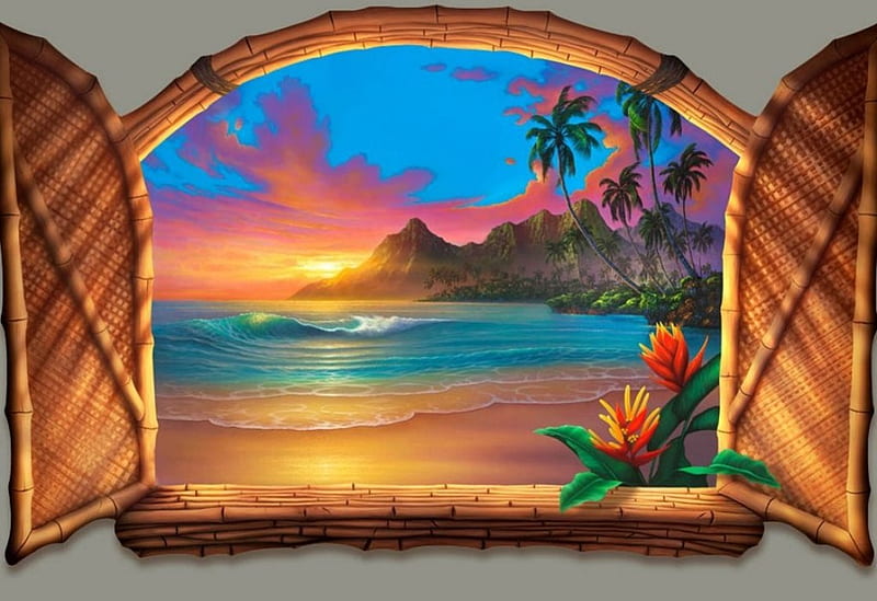 Beyond Paradise, beach, window, painting, sunset, open, artwork, sea, HD wallpaper