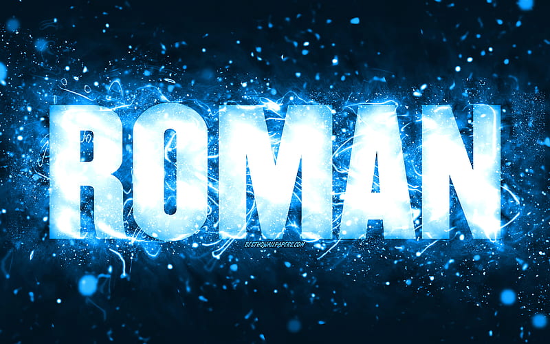 Happy Birtay Roman blue neon lights, Roman name, creative, Roman Happy Birtay, Roman Birtay, popular american male names, with Roman name, Roman, HD wallpaper