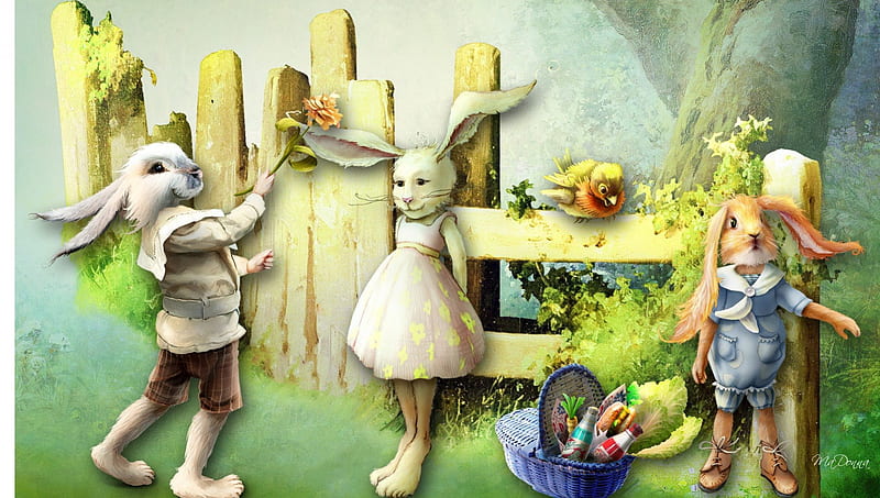 Bunny Rabbit Fairy Tale, fence, fabrication, children, book, picnic, fantasy, rabbits, flowers, story, mendacity, fairy tale, falsehood, taradiddle, falsity, cute, fib, tale, prevarication, whimsical, bird, nature, bunnies, fable, HD wallpaper