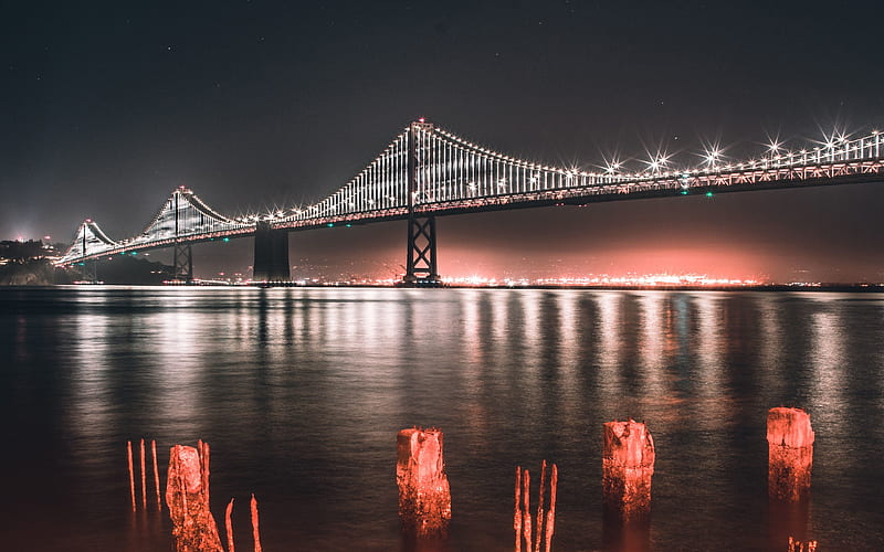 Golden Gate Bridge old pier, nightscape, red lights, San Francisco, USA, America, HD wallpaper