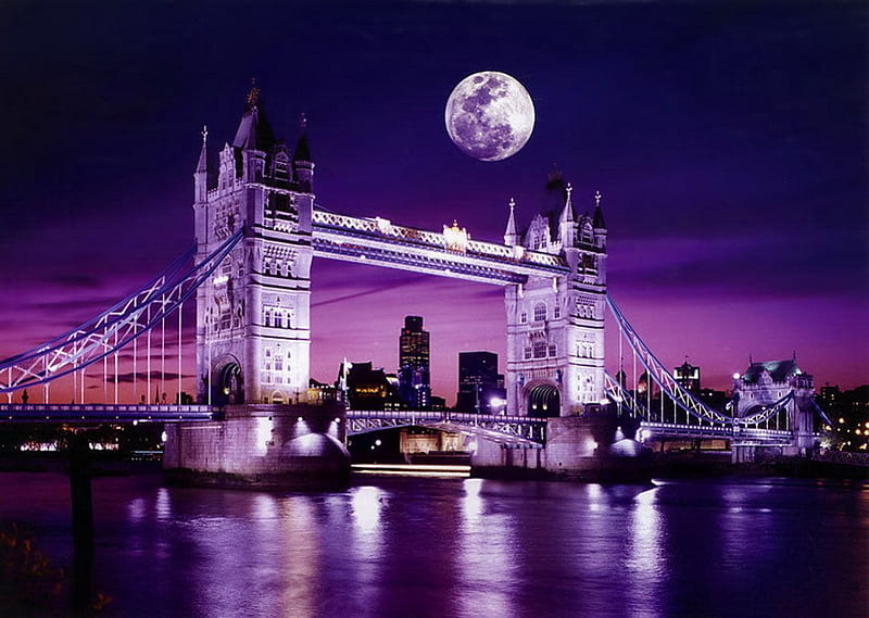 Tower bridge, London, London, lovely, bonito, sky, England, moon, purple, bridge, tower, moonlight, river, evening, reflection, night, HD wallpaper